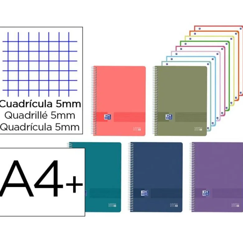 CUADERNO ESPIRAL OXFORD EUROPEANBOOK 8 LIVE&GO TAPA PLASTICO DIN A4+ 160 HOJAS CUADRO 5 MM COLORES SURTIDOS