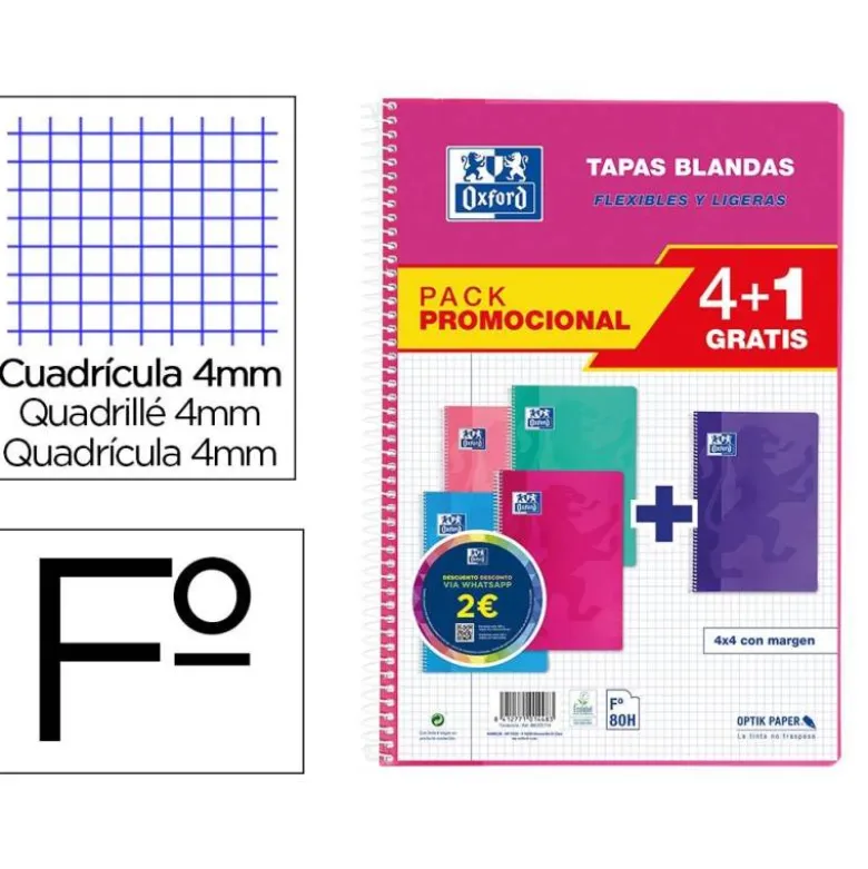 CUADERNO ESPIRAL OXFORD TAPA BLANDA FOLIO 80 HOJAS 90GR CUADRO 4 MM COLORES TENDENCIAS PACK DE 4+1