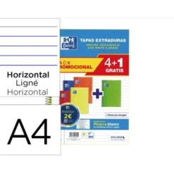 CUADERNO ESPIRAL OXFORD TAPA EXTRADURA FOLIO 80 HOJAS 90 GR RAYADO HORIZONTAL COLORES VIVOS PACK DE 4+1 UNIDADES