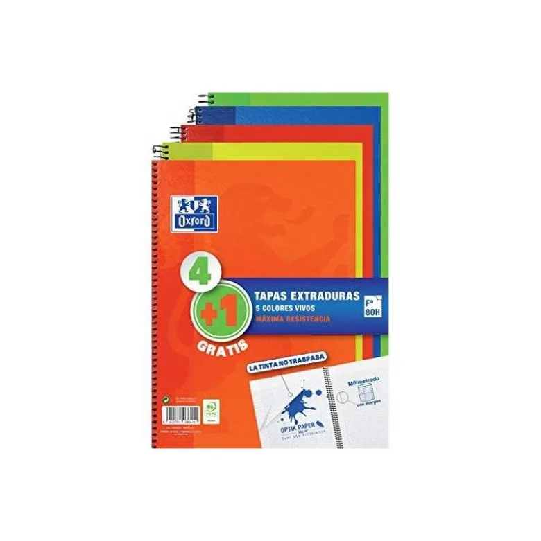 CUADERNO ESPIRAL OXFORD TAPA EXTRADURA FOLIO 80 HOJAS 90 GR CUADRO 4 MM COLORES VIVOS PACK DE 4+1 UNIDADES