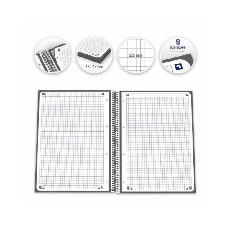 Cuaderno Oxford A4 Gris Tapa Extradura 80 hojas Cuadrícula 5 mm