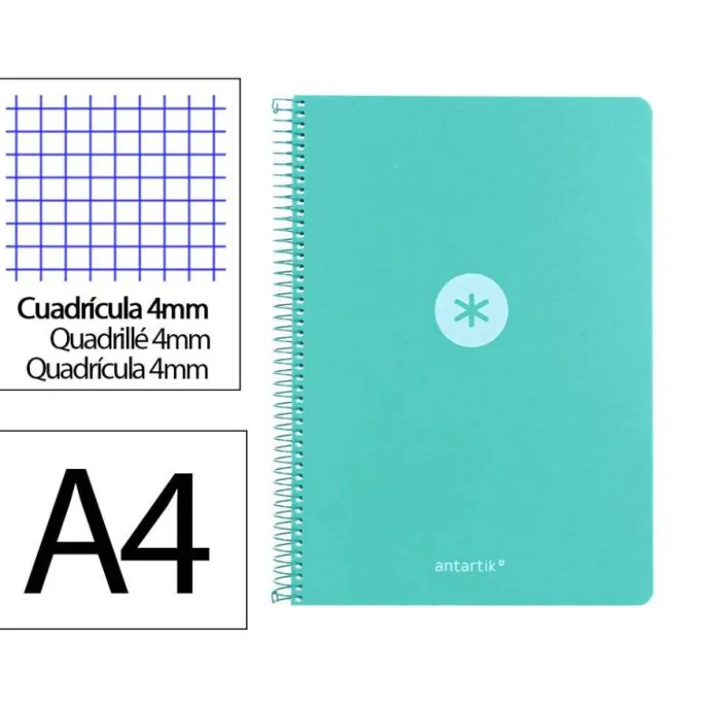 CUADERNO ESPIRAL ANTARTIK A4 TAPA FOAM 80H 90GR CUADRO 4MM CON MARGEN COLOR MENTA