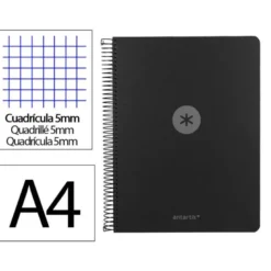 CUADERNO ESPIRAL ANTARTIK MICRO A4 TAPA FOAM 120H 90GR CUADRO 5MM 5 BANDAS 4 TALADROS COLOR NEGRO