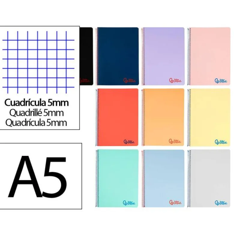 Cuaderno espiral liderpapel a5 wonder tapa plastico 80h 90gr cuadro 5mm con margen colores surtidos "no se pueden elegir"