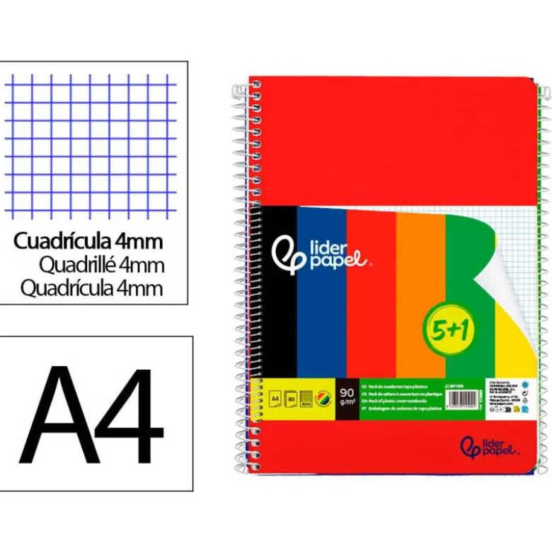 CUADERNO ESPIRAL LIDERPAPEL DIN A4 TAPA POLIPROPILENO 80H 90GR CUADRO 4MM CON MARGEN PACK 5+1 COLORES SURTIDOS