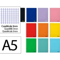 CUADERNO ESPIRAL LIDERPAPEL DIN A5 SMART TAPA BLANDA 80H 75GR CUADRO 3MM CON MARGEN COLORES SURTIDOS