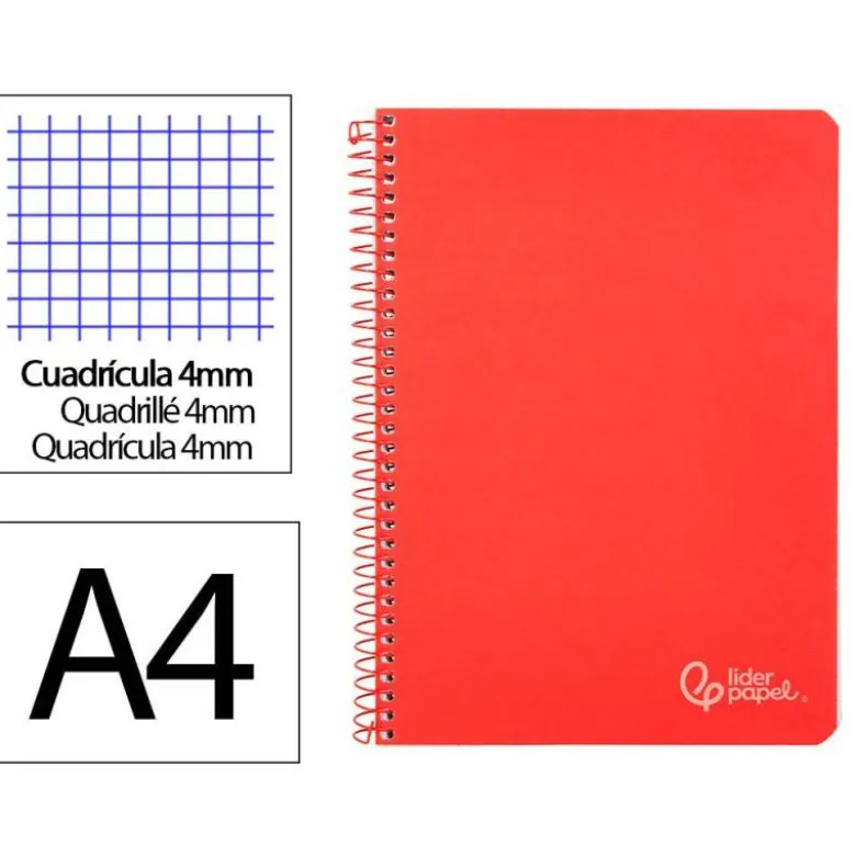 CUADERNO ESPIRAL LIDERPAPEL DIN A4 WITTY TAPA DURA 80H 90GR CUADRO 4MM CON MARGEN COLOR ROJO