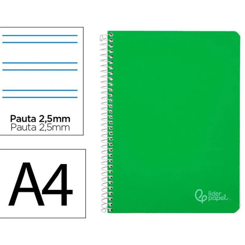 CUADERNO ESPIRAL LIDERPAPEL DIN A4 WITTY TAPA DURA 80H 90GR PAUTA 2,5MM CON MARGEN COLOR VERDE