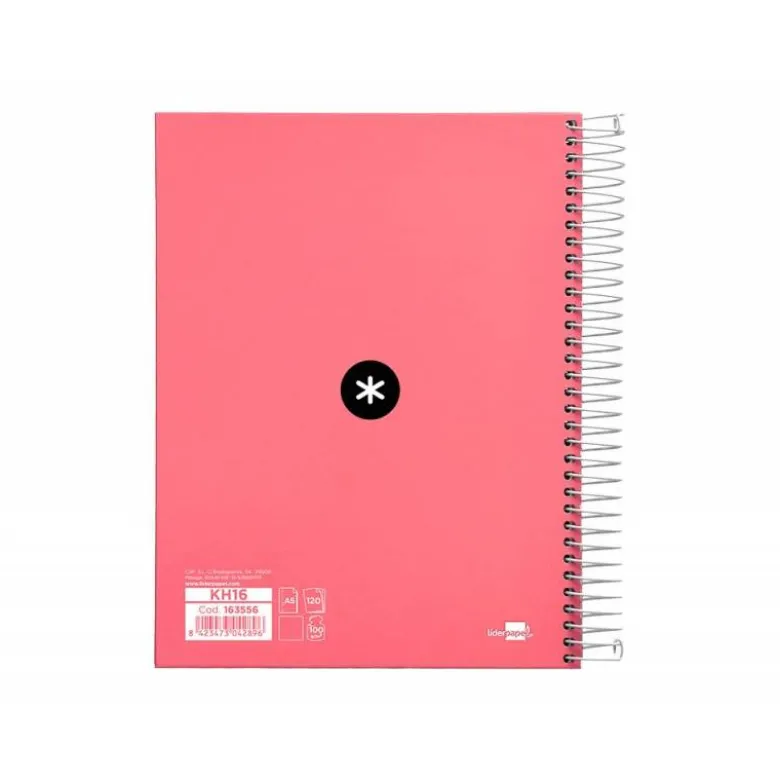 CUADERNO ESPIRAL LIDERPAPEL A5 MICRO ANTARTIK TAPA FORRADA120H 100 GR LISO 5 BANDAS 6 TALADROS COLOR CORAL