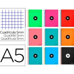 CUADERNO ESPIRAL LIDERPAPEL A5 MICRO ANTARTIK TAPA FORRADA120H 90GR CUADRO 5MM 5 BANDAS 6 TALADROS COLORES SURTIDOS