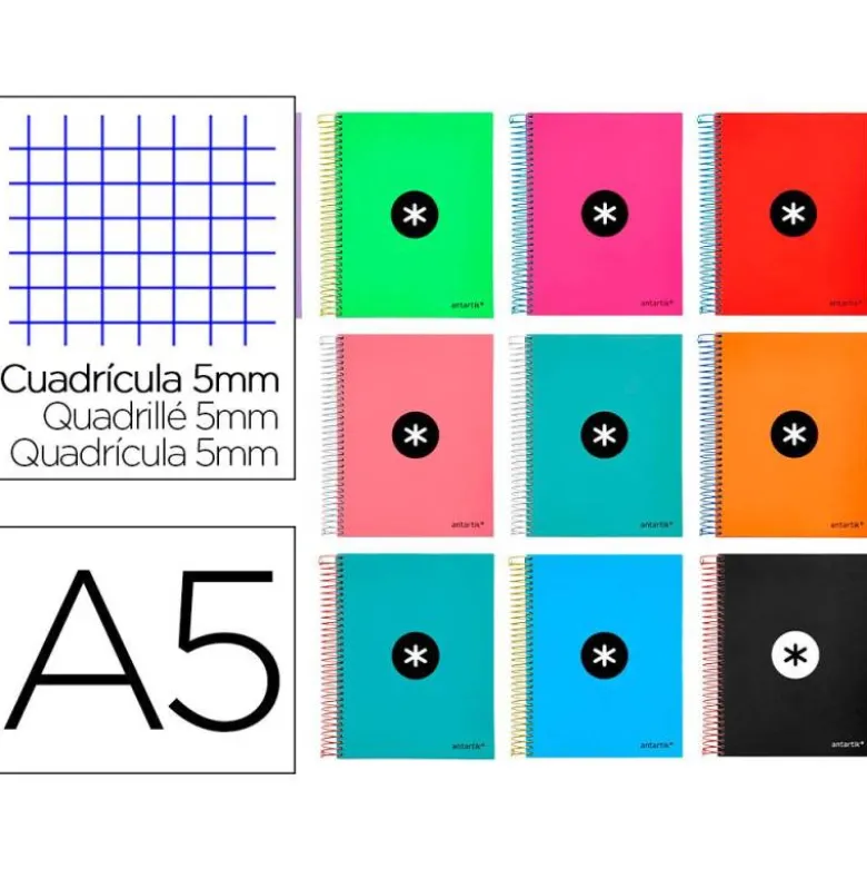 CUADERNO ESPIRAL LIDERPAPEL A5 MICRO ANTARTIK TAPA FORRADA120H 90GR CUADRO 5MM 5 BANDAS 6 TALADROS COLORES SURTIDOS