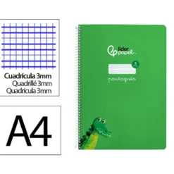 CUADERNO ESPIRAL LIDERPAPEL DI N A4 PAUTAGUIA TAPA DURA 80H 90 GR CUADRO PAUTADO 3MM COLOR VERDE