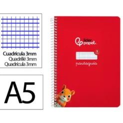 CUADERNO ESPIRAL LIDERPAPEL DI N A5 PAUTAGUIA TAPA DURA 80H 90 GR CUADRO PAUTADO 3MM COLOR ROJO