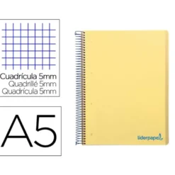 CUADERNO ESPIRAL LIDERPAPEL A5 MICRO WONDER TAPA PLASTICO 120H 90G CUADRO 5MM 5 BANDAS 6 TALADROS COLOR AMARILLO