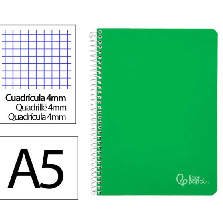 CUADERNO ESPIRAL LIDERPAPEL DIN A5 WITTY TAPA DURA 80H 90GR CUADRO 4MM CON MARGEN COLOR VERDE
