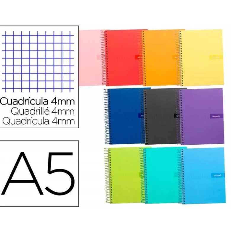 CUADERNO ESPIRAL LIDERPAPEL A5 CRAFTY TAPA FORRADA 80H 90 GR CUADRO 4 MM CON MARGEN COLORES SURTIDOS