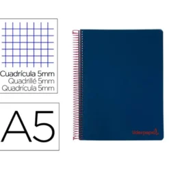CUADERNO ESPIRAL LIDERPAPEL A5 MICRO WONDER TAPA PLASTICO 120H 90G CUADRO 5MM 5 BANDAS 6 TALADROS COLOR AZUL MARINO