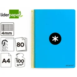 CUADERNO ESPIRAL LIDERPAPEL A4 ANTARTIK TAPA DURA 80H 100GR CUADRO 4MM CON MARGEN COLOR AZUL