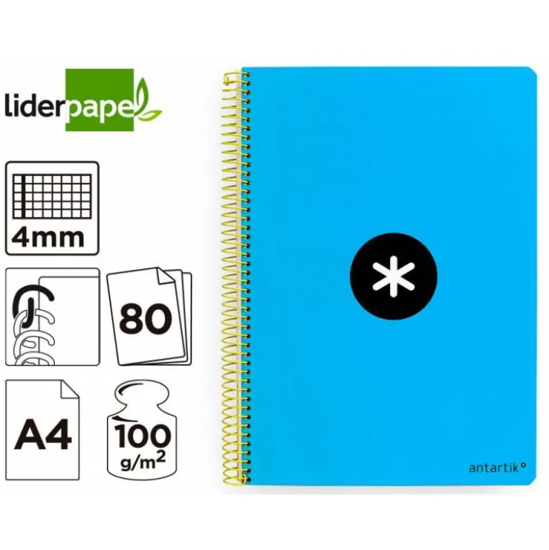 CUADERNO ESPIRAL LIDERPAPEL A4 ANTARTIK TAPA DURA 80H 100GR CUADRO 4MM CON MARGEN COLOR AZUL