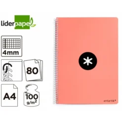 CUADERNO ESPIRAL LIDERPAPEL A4 ANTARTIK TAPA DURA 80H 100GR CUADRO 4MM CON MARGEN COLOR CORAL