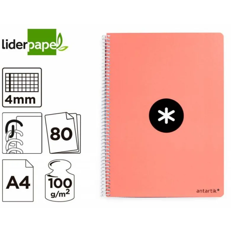 CUADERNO ESPIRAL LIDERPAPEL A4 ANTARTIK TAPA DURA 80H 100GR CUADRO 4MM CON MARGEN COLOR CORAL