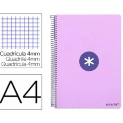 CUADERNO ESPIRAL LIDERPAPEL A4 ANTARTIK TAPA DURA 80H 100GR CUADRO 4MM CON MARGEN COLOR LAVANDA