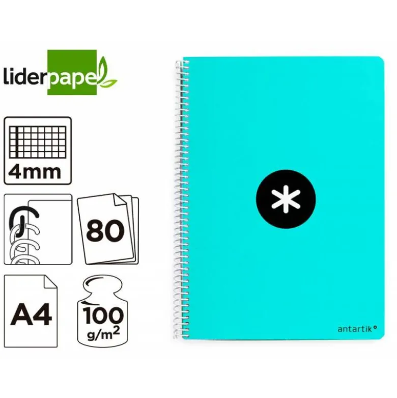 CUADERNO ESPIRAL LIDERPAPEL A4 ANTARTIK TAPA DURA 80H 100GR CUADRO 4MM CON MARGEN COLOR MENTA