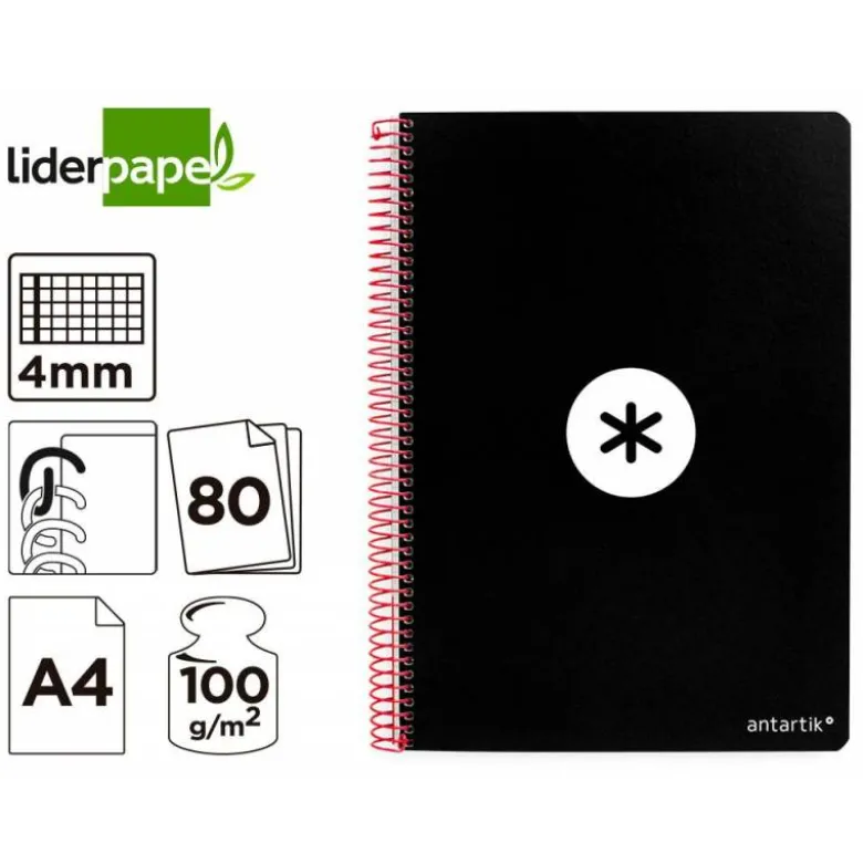 CUADERNO ESPIRAL LIDERPAPEL A4 ANTARTIK TAPA DURA 80H 100GR CUADRO 4MM CON MARGEN COLOR NEGRO