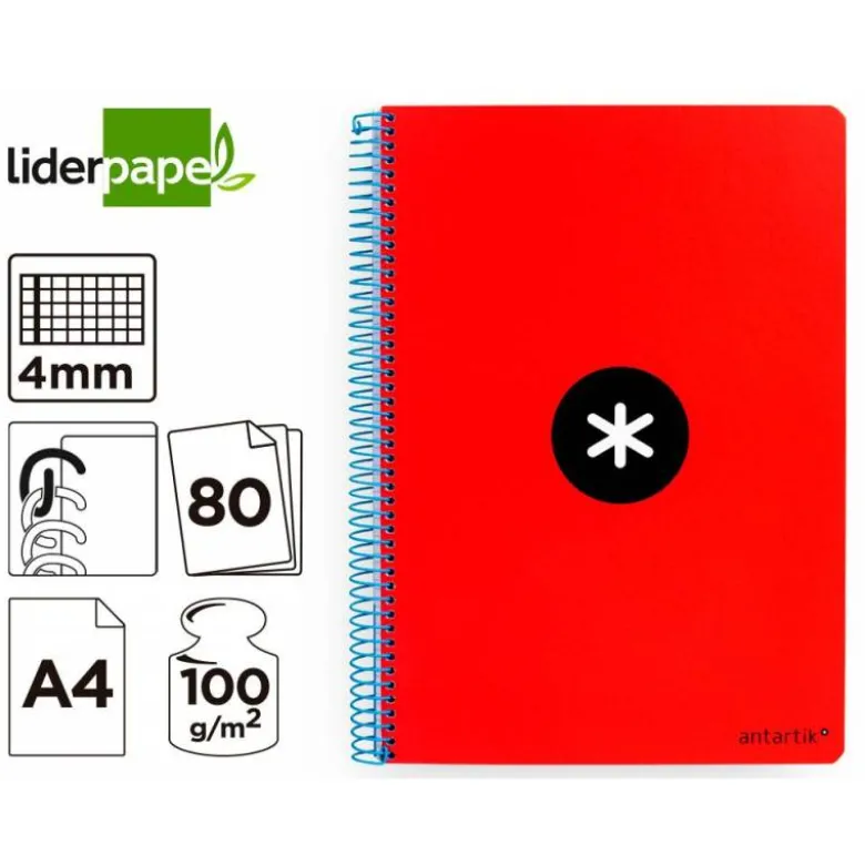 CUADERNO ESPIRAL LIDERPAPEL A4 ANTARTIK TAPA DURA 80H 100GR CUADRO 4MM CON MARGEN COLOR ROJO