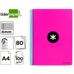 CUADERNO ESPIRAL LIDERPAPEL A4 ANTARTIK TAPA DURA 80H 100GR CUADRO 4MM CON MARGEN COLOR ROSA FLUOR