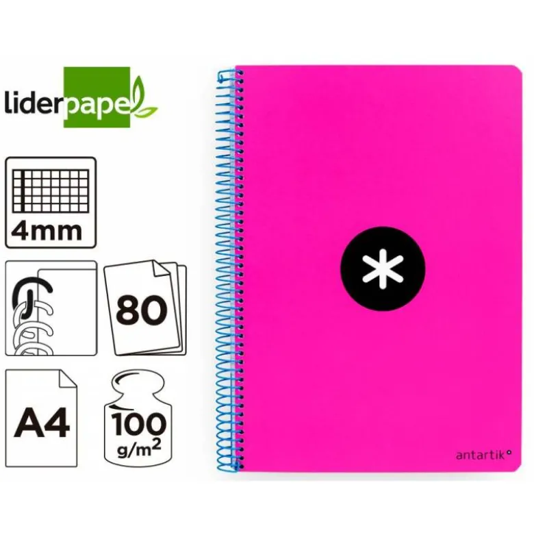 CUADERNO ESPIRAL LIDERPAPEL A4 ANTARTIK TAPA DURA 80H 100GR CUADRO 4MM CON MARGEN COLOR ROSA FLUOR
