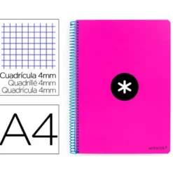 CUADERNO ESPIRAL LIDERPAPEL A4 ANTARTIK TAPA DURA 80H 100GR CUADRO 4MM CON MARGEN COLOR ROSA FLUOR