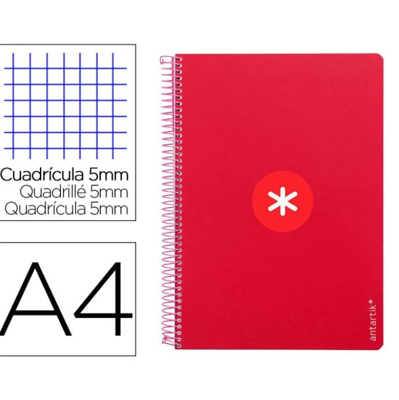 CUADERNO ESPIRAL LIDERPAPEL DIN A4 MICRO ANTARTIK CUADRICULA 5 MM COLOR ROJO 80H