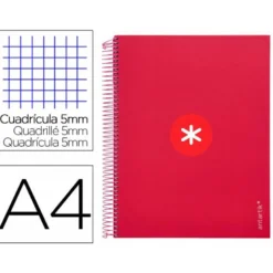 CUADERNO ESPIRAL LIDERPAPEL DIN A4 MICRO ANTARTIK CUADRICULA 5MM 5 BANDA 4 TALADROS COLOR FRAMBUESA 120H