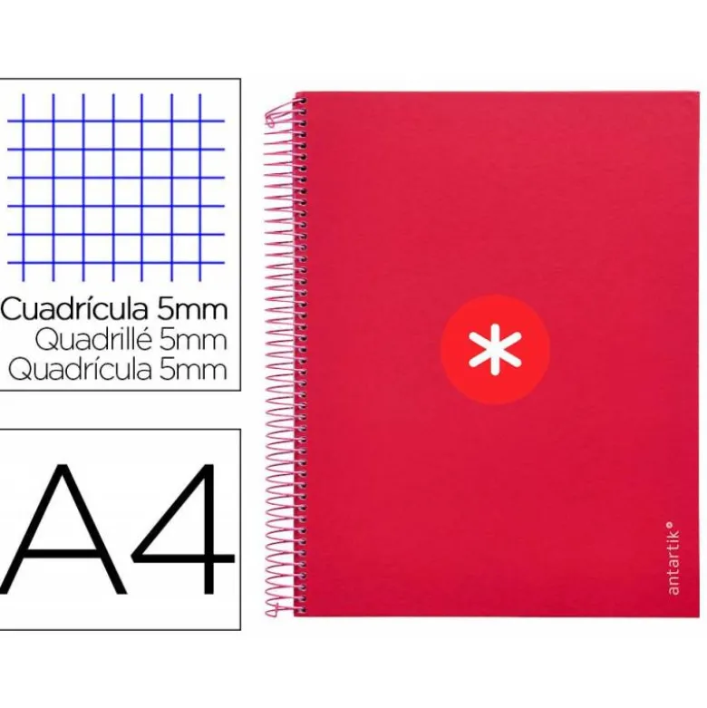 CUADERNO ESPIRAL LIDERPAPEL DIN A4 MICRO ANTARTIK CUADRICULA 5MM 5 BANDA 4 TALADROS COLOR FRAMBUESA 120H