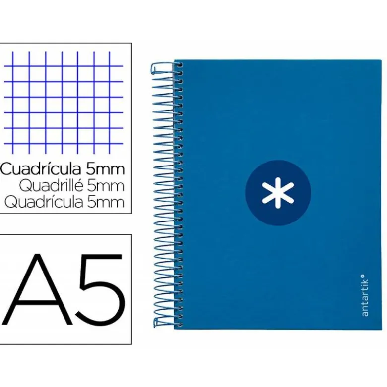 CUADERNO ESPIRAL LIDERPAPEL A5 MICRO ANTARTIK TAPA FORRADA120H 100 GR CUADRO 5MM 5 BANDA6 TALADROS COLOR AZUL OSCURO