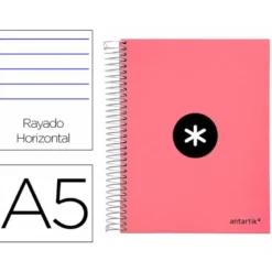 CUADERNO ESPIRAL LIDERPAPEL A5 MICRO ANTARTIK TAPA FORRADA120H 100 GR HORIZONTAL 5 BANDA6 TALADROS COLOR CORAL