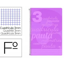 CUADERNO ESPIRAL LIDERPAPEL FOLIO TAPA PLASTICO 80H 80 GR CUADRO PAUTADO 3MM CON MARGEN COLOR VIOLETA