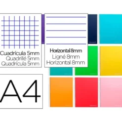 Cuaderno espiral Liderpapel Jolly 140H Tamaño DIN A4 Tapa forrada Cuadricula 5mm + Rayado Horizontal 75 g/m2 Colores surtidos