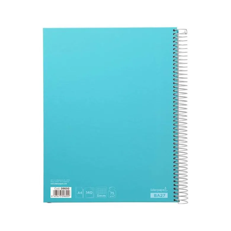 CUADERNO ESPIRAL LIDERPAPEL A4 MICRO JOLLY TAPA FORRADA 140H 75 GR CUADRO 5MM 5 BANDAS4 TALADROS COLOR CELESTE