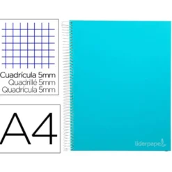CUADERNO ESPIRAL LIDERPAPEL A4 MICRO JOLLY TAPA FORRADA 140H 75 GR CUADRO 5MM 5 BANDAS4 TALADROS COLOR CELESTE