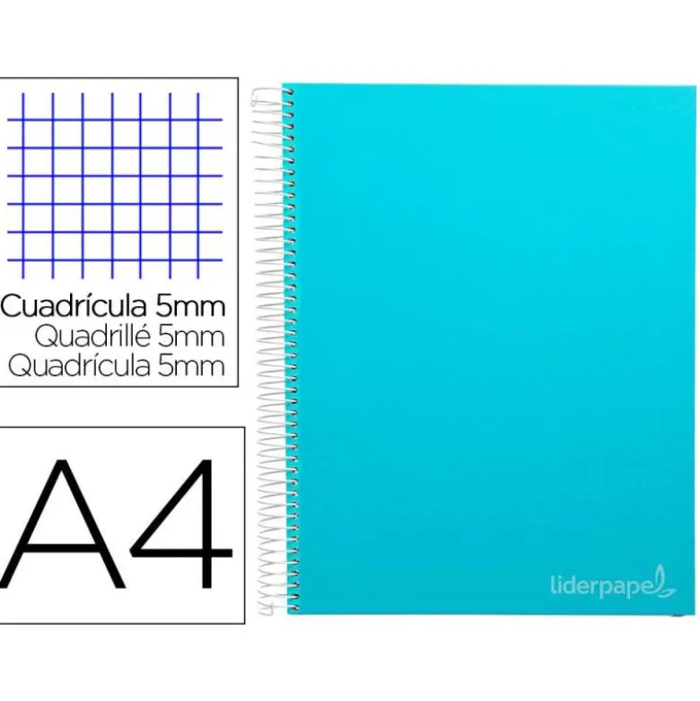 CUADERNO ESPIRAL LIDERPAPEL A4 MICRO JOLLY TAPA FORRADA 140H 75 GR CUADRO 5MM 5 BANDAS4 TALADROS COLOR CELESTE