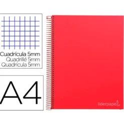 Cuaderno espiral Liderpapel Jolly Tamaño DIN A4 Tapa forrada 140H Cuadricula 5 mm 75 g/m2 5 bandas 4 taladros color Rojo