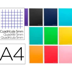Cuaderno espiral Liderpapel Jolly 140H Tamaño DIN A4 Tapa forrada Cuadricula 5 mm 75 g/m2 5 bandas 4 taladros Colores surtidos