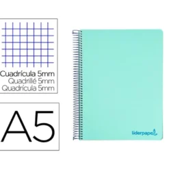 CUADERNO ESPIRAL LIDERPAPEL A5 MICRO WONDER TAPA PLASTICO 120H 90G CUADRO 5MM 5 BANDAS 6 TALADROS COLOR VERDE