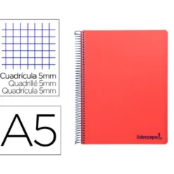 CUADERNO ESPIRAL LIDERPAPEL A5 MICRO WONDER TAPA PLASTICO 120H 90G CUADRO 5MM 5 BANDAS 6 TALADROS COLOR ROJO
