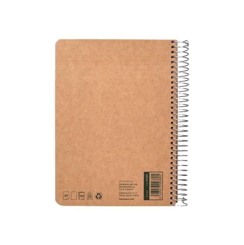 CUADERNO ESPIRAL LIDERPAPEL A5 TAPA CARTULINA KRAFT CONTRACOLADA 120H PAPEL 100% RECICLADO 80 GR LISO