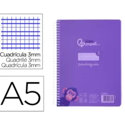 CUADERNO ESPIRAL LIDERPAPEL DIN A5 PAUTAGUIA TAPA PLASTICO 80H 90GR CUADRO PAUTADO 3 MM CON MARGEN COLOR VIOLETA