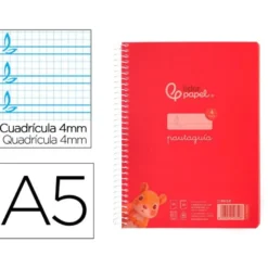 CUADERNO ESPIRAL LIDERPAPEL DIN A5 PAUTAGUIA TAPA PLASTICO 80H 90GR CUADRO PAUTADO 4MM CON MARGEN COLOR ROJO