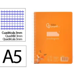 CUADERNO ESPIRAL LIDERPAPEL DIN A5 PAUTAGUIA TAPA PLASTICO 80H 90GR CUADRO PAUTADO 3MM COLOR NARANJA